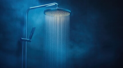 Modern shower head with cascading water stream illuminated by soft blue light in a serene bathroom setting