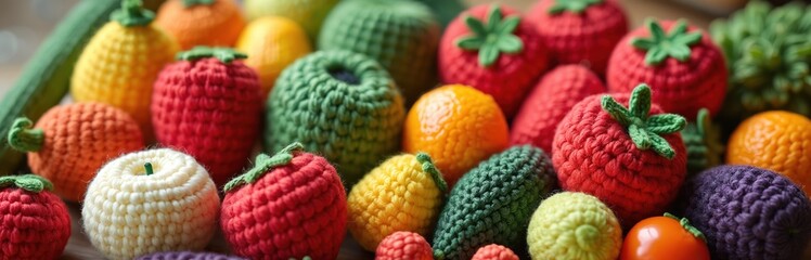 Vibrant handmade crochet amigurumi fruits, vegetables. Colorful yarn creations include tomatoes, strawberries, lemons, apples, cucumbers. Textile crafts, food-themed toys for kids, creative handmade