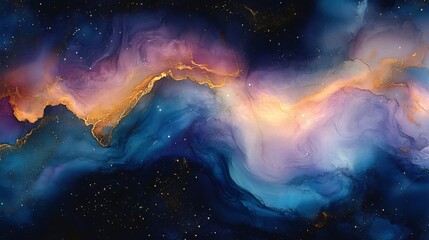 Fototapeta premium Colorful space clouds with gold veins forming a cosmic river