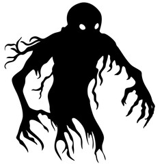 Creepy shadow monster illustration with long arms, black silhouette, spooky character for Halloween themes, horror designs, posters, or stickers.