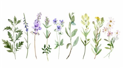 Fototapeta premium Charming Hand - Drawn Vector Watercolor Set: Herbs, Wildflowers, and Spices for a Rustic Touch