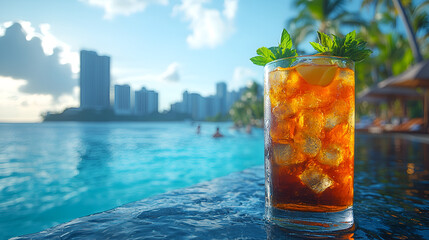 An icy refreshing long drink garnished with mint, perfectly positioned by a luxurious resort pool overlooking a vibrant city skyline bathed in warm sunlight.