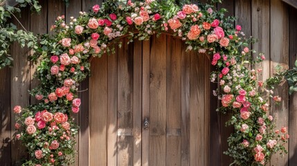Floral archway adorns rustic wooden door.