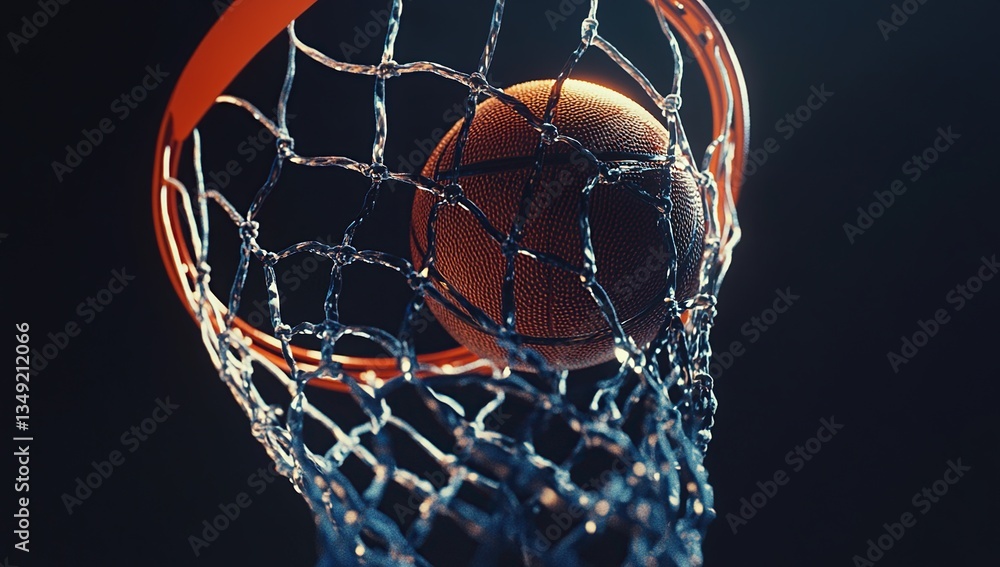 Poster basketball swishing through net: close up dynamic action shot