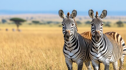Fototapeta premium Zebras standing on african savanna wildlife safari in golden grassland