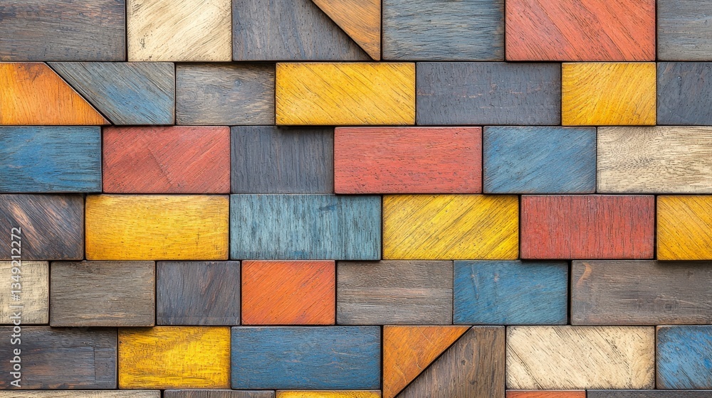 Poster colorful geometric pattern: a close-up shot of a vibrant mosaic composed of irregular wooden blocks 