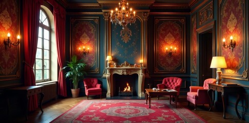 Elegant room with intricate baroque wallpaper and dim lighting, intricate, interior, elegant