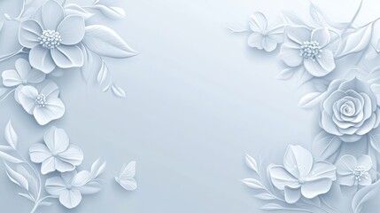 Delicate paper flowers border, light blue background, elegant design, stock photo