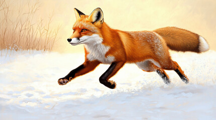 Fototapeta premium A vibrant fox runs gracefully through a snowy landscape, showcasing its striking orange fur and alert expression.