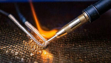 Naklejka premium Close-up shot of a soldering iron applying heat to a metallic surface with a textured, scaled pattern.