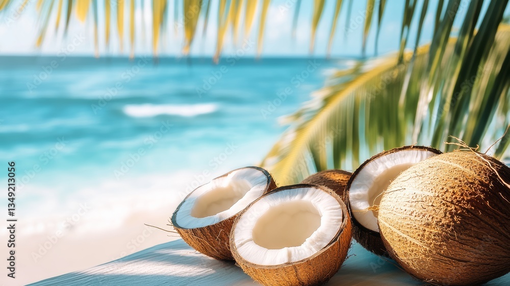 Poster few coconuts are on a table by the ocean. the coconuts are open and the ocean is in the background