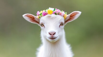 Naklejka premium Adorable baby goat wearing a floral crown. A sweet, smiling white kid with a flower wreath