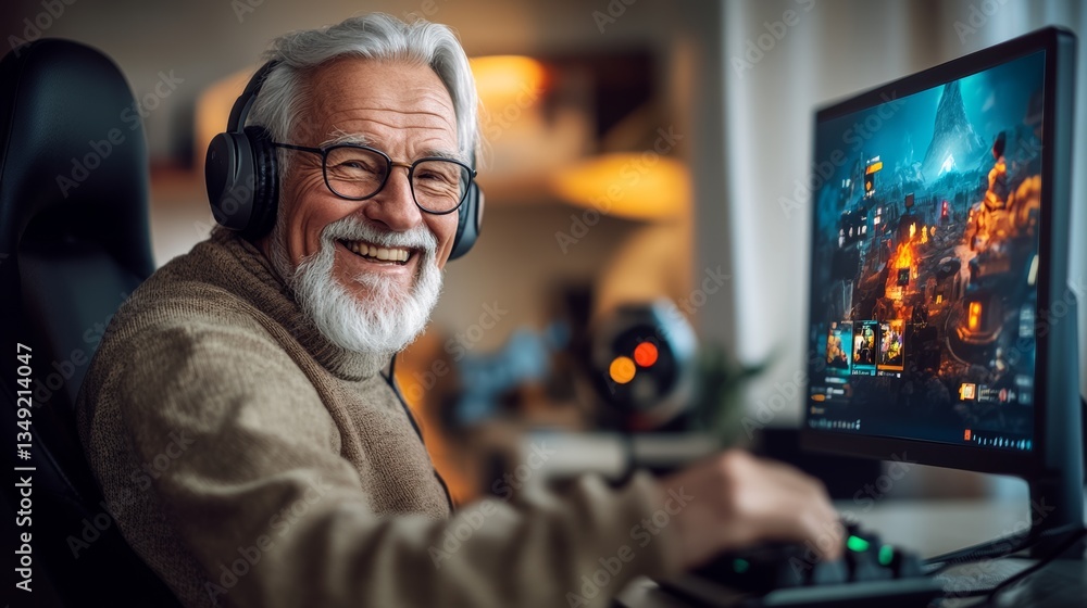 Poster man in a brown sweater is smiling while playing a video game on a computer. he is wearing headphones