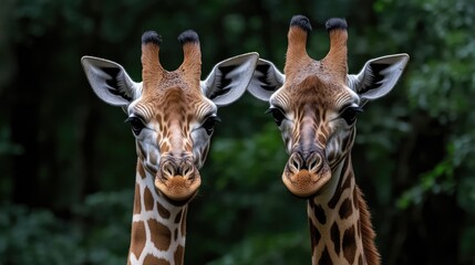 Obraz premium Two giraffes face forward, close-up, in a forest. Their spotted coats and curious expressions are clearly visible