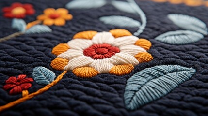Detailed close-up of vibrant embroidered floral design featuring colorful flower patterns against a textured dark navy background showcasing craftsmanship
