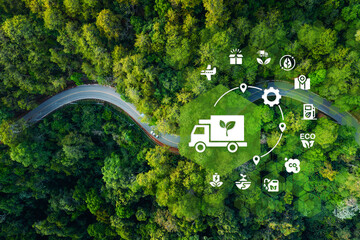 Transportation and nature conservation or logistics concept icons and aerial view roads