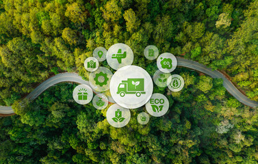 Transportation and nature conservation or logistics concept icons and aerial view roads