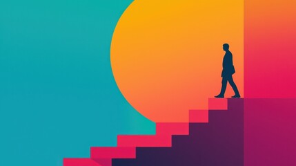 Silhouette of a Businessman Walking Upstairs Against a Gradient Sunset Background in an Abstract Art Style Reflecting Progress and Achievement