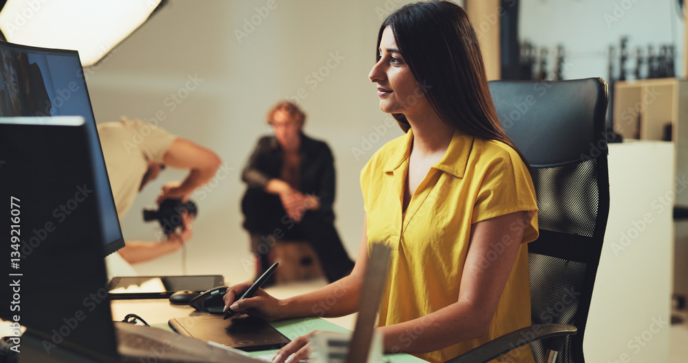 Poster retouching, woman and photography editor on computer with post production software on graphic tablet