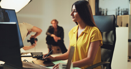 Retouching, woman and photography editor on computer with post production software on graphic...