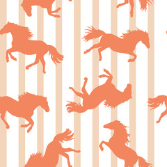 Abstract Hand Drawing Trend Colors Running Horses Seamless Vector Pattern with Vertical Striped Isolated Background