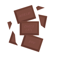 World chocolate day. Chocolate pieces with text, flat style illustration isolated on white background