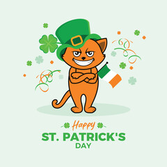 Funny cat with leprechaun hat vector illustration. Happy St. Patrick's Day greeting card with smiling leprechaun cat vector. Template for background, banner, card. 17 March. Important day