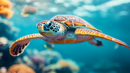 Turtle swimming in the ocean. The turtle is orange and black. The water is blue. The turtle is the main focus of the image