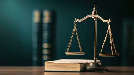 Elegant brass scales of justice atop a legal book on a wooden table with blurred law books in the background, symbolizing fairness and legal matters