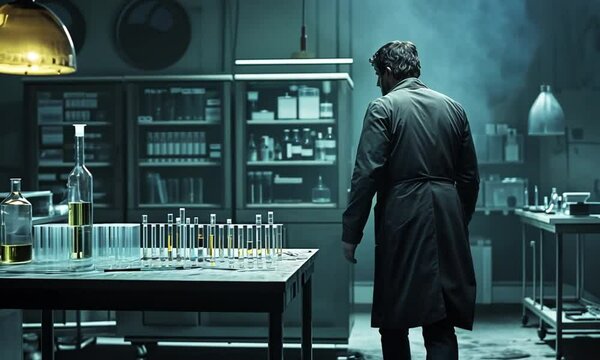 A lone scientist walks away from laboratory table with glassware, bathed in dramatic lighting.