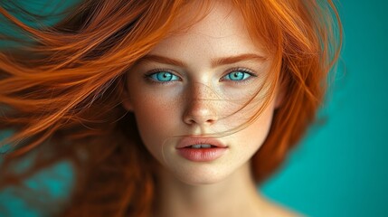 Fototapeta premium Woman with red hair and blue eyes. She has a light blue lipstick on. The hair is long and flowing