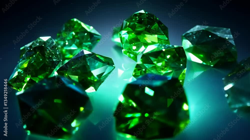 Aufkleber A group of green gems are on a table. They are all different shapes and sizes. Some are larger than others