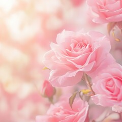 Obraz premium Beautiful pastel pink rose background with soft focus and light effect, featuring many blooming rose flowers. Ideal for romantic wedding cards, greeting cards, banners, and vintage-themed designs. 