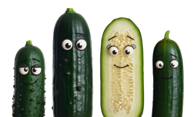 Fun and quirky cucumbers with expressive eyes in playful arrangement on a white background on a transparent background.