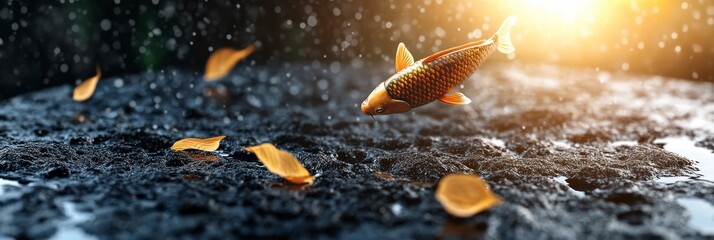 Elegant koi fish swimming gracefully above serene surface with glowing sunlight and autumn leaves falling gently in background