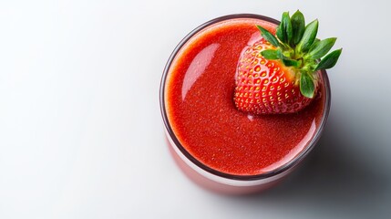 Glass of red juice with a strawberry on top. The juice is a deep red color and the strawberry is fresh and juicy. Concept of health and vitality, as the juice and strawberry are both natural