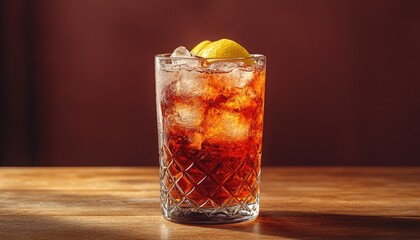 Ice-cold cola in a cut-glass tumbler, garnished with lemon. Perfect for menus, blogs, or websites showcasing refreshing drinks.