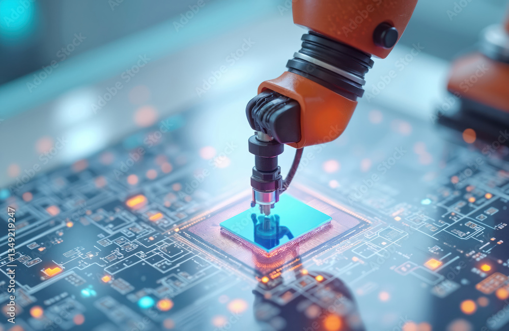 Aufkleber Robotic arm precisely places microchip on circuit board. Tech, automation, high-tech manufacturing, semiconductor industry. Production line, integrated circuits, future tech concepts.
