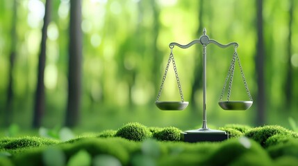 A silver balance scale stands in a lush green forest, symbolizing justice and harmony in nature, surrounded by vibrant moss and soft foliage.