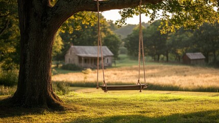 Obraz premium Rustic swing in a golden field, old farmhouse background, peaceful morning