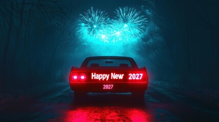 Retro Car in Fog with Bright Fireworks Illuminating the Sky and New Year Message Celebrating Transition to 2027 in a Mysterious Atmosphere