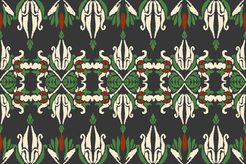 Embroidered Ikat flower pattern on a black background. Traditional ethnic ikat, Aztec abstract vector pattern, seamless pattern in tribal, folk embroidery and Mexican style.