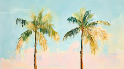 acrylic painting of two palm trees against a pastel sky 