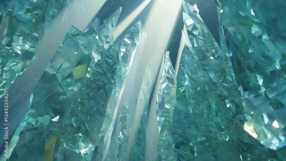 Poster a large blue crystal structure with many small crystals. the structure is very tall and has a lot of