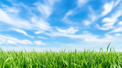 A vibrant green grass field under a bright blue sky with soft, fluffy clouds.