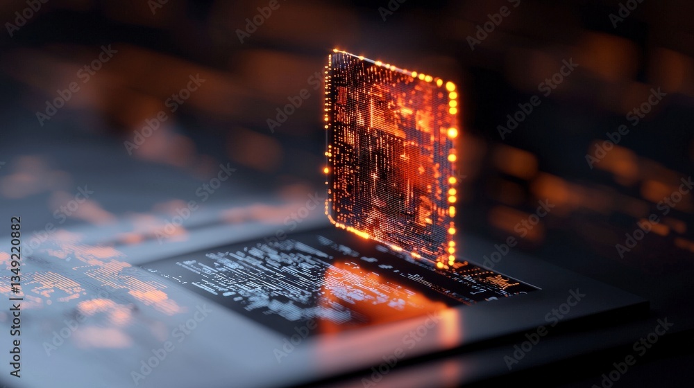 Poster cybernetic essence: a radiant processor chip, illuminated and pulsing with data, symbolizes the core