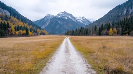 Naklejka premium Autumnal mountain path. A tranquil dirt road through a golden meadow, leading towards snow-capped peaks