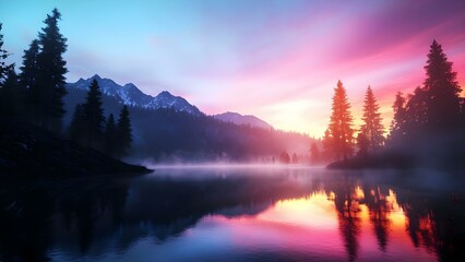 Fototapeta premium A tranquil landscape featuring a lake surrounded by mountains and pine trees, with a vibrant sunrise reflecting on the water. Concept Tranquil Lake Views, Majestic Mountains, Pine Tree Forests