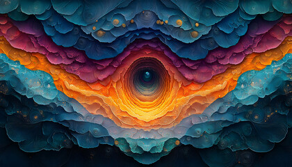 Fototapeta premium Abstract artwork depicting a deep, layered eye-like structure within a vibrant, swirling landscape of colors
