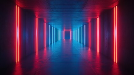 Fototapeta premium Stunning neon light corridor with vibrant blue and red glowing stripes illuminating a futuristic hallway creating a captivating atmosphere for visual content